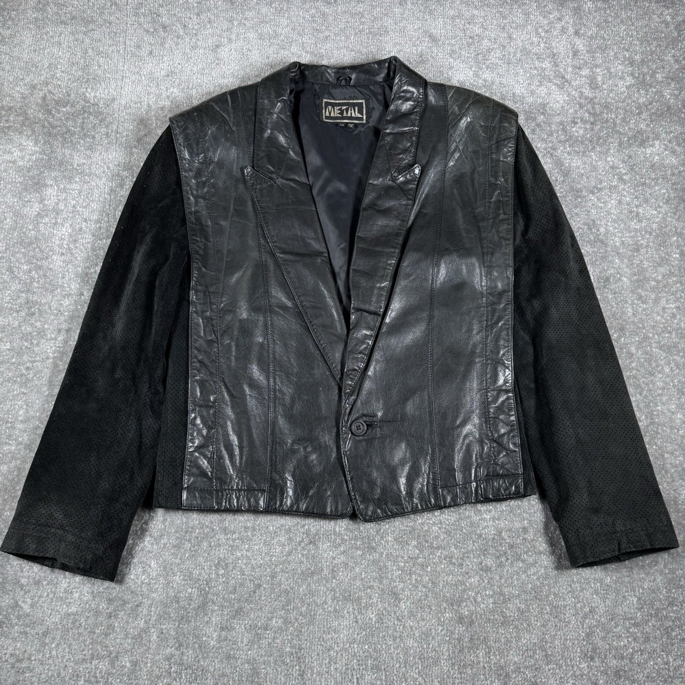 Vintage‎ Metal Jacket Men's 38 Black Leather Suede Blazer Notch Collar Cropped